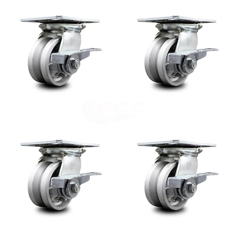 4 Inch Heavy Duty V Groove Semi Steel Caster Set With Ball Bearings And Brakes